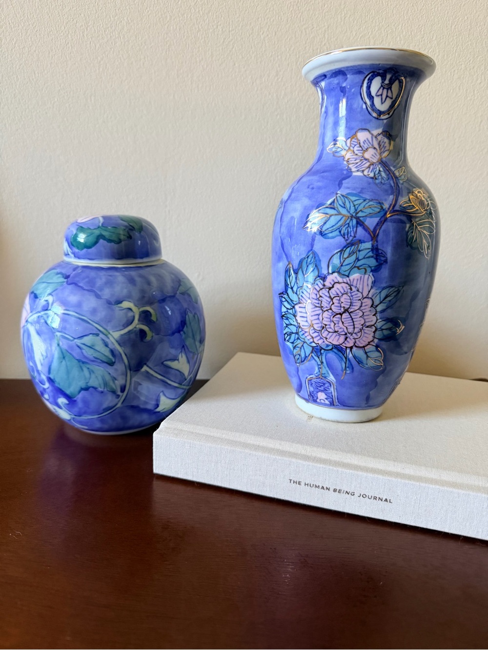 Blue Floral Ceramic Vase and Ginger Jar Set